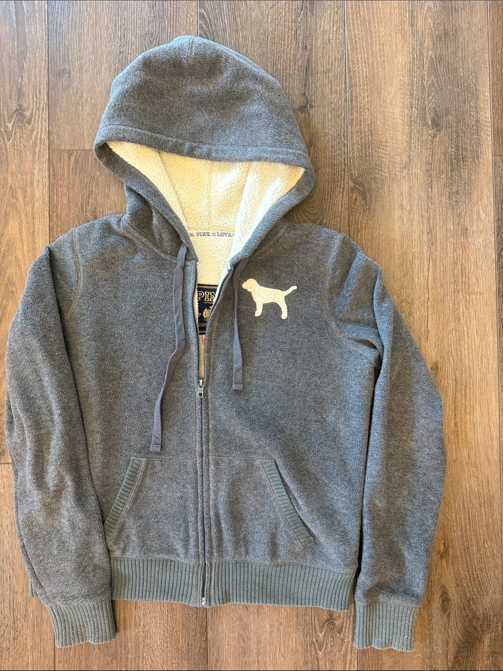 PINK Victoria's Secret Gray Sherpa-Lined Zip Hoodie with Cream Logo
